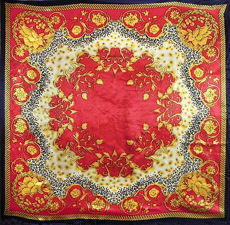 Yellow Print on Red Color  Satin Silk Head Scarf
