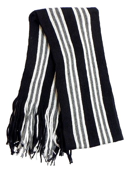 White and Grey Stripe on Black Knitted Woolen Scarf