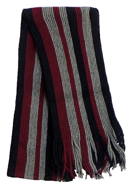 Knitted Woolen Scarf with Maroon, Grey and Black Stripe