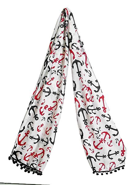 Ship Anchor Print on Off-White Viscose Scarf