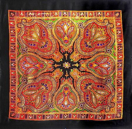 Colorful Paisley Print on Black Light Woolen Head Scarf