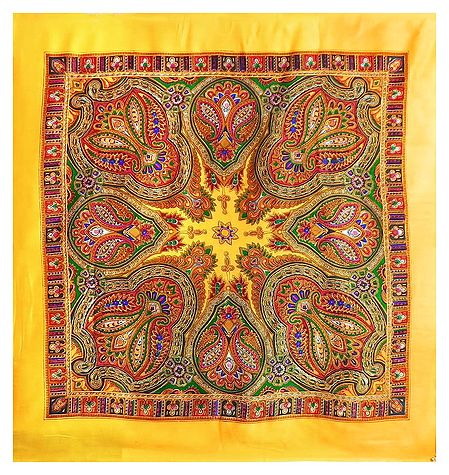 Colorful Paisley Print on Yellow Light Woolen Head Scarf