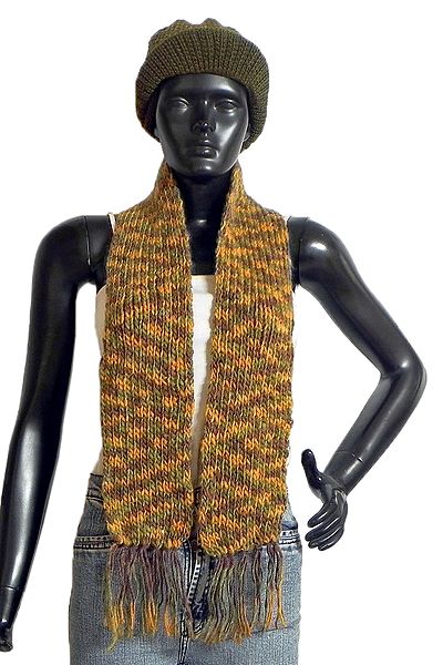 Multicolor Woolen Hand Knitted Cap and Scarf