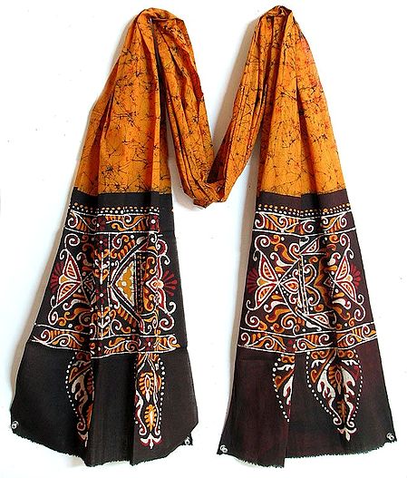 Yellow with Black Border Batik Stole with Indian Art Motif