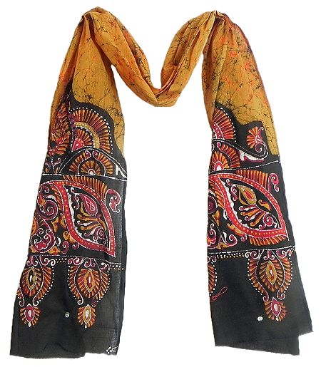 Yellow,Red and White Batik on Dark Yellow Stole                                                                                                                              