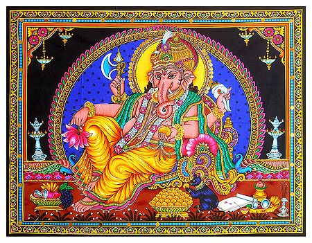 Lord Ganesha - Print on Cloth with Sequin Work - Unframed
