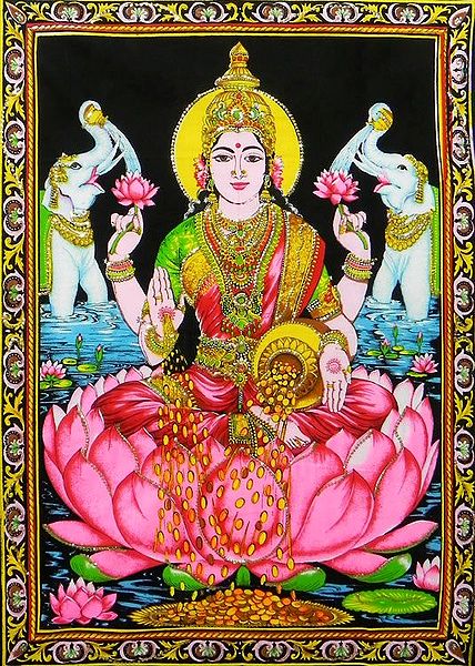 Goddess Lakshmi - Print on Cloth with Sequin Work - Unframed