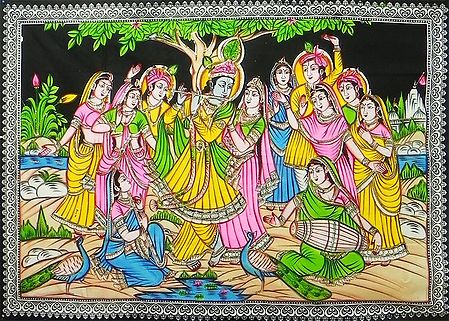 Gopinis Entertaining Radha Krishna by their Music and Dance