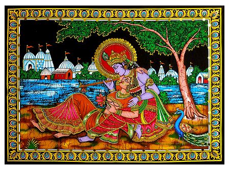 Secret Rendezvous of Radha and Krishna - Print with Sequin Work on Cotton Cloth - Unframed