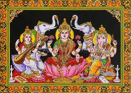 Lakshmi, Saraswati and Ganesha - Cloth Print with Sequin Work