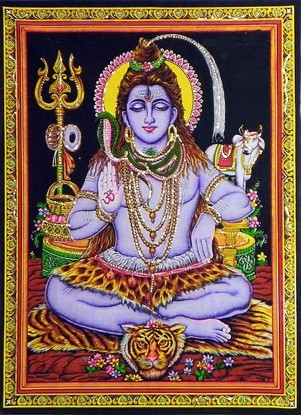 Lord Shiva - Print with Sequin Work on Cotton Cloth - Unframed