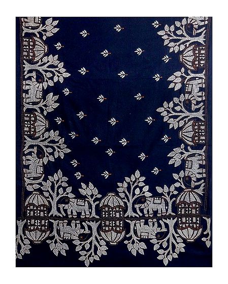 White and Saffron Kantha Embroidery on Dark Blue Cotton Stole