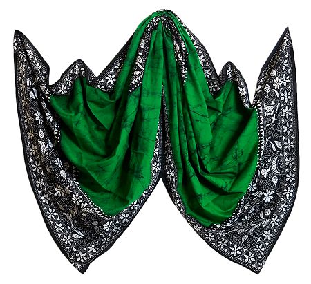 Kantha Embroidery on  Green Batik Cotton Stole