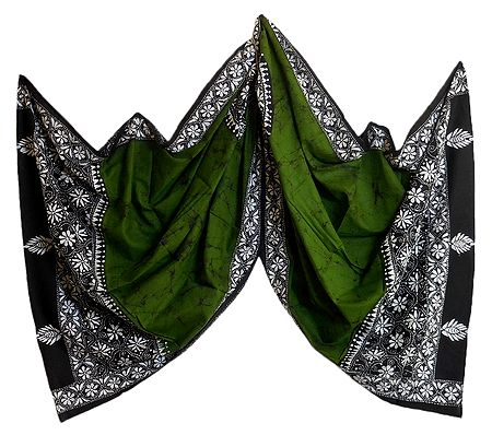 White Kantha Embroidery on Olive Green Batik Cotton Stole
