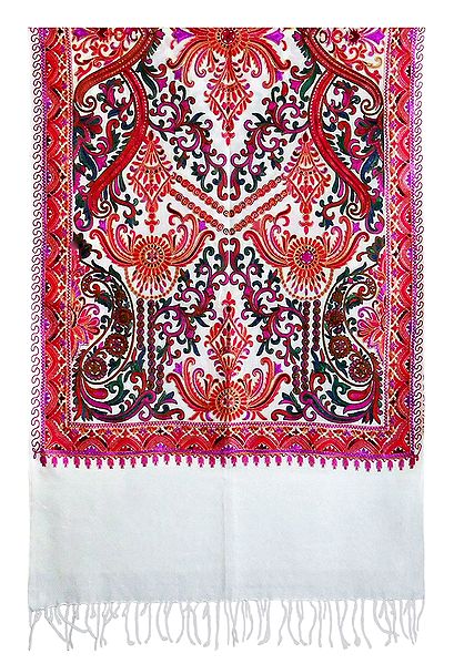 Embroidered Kashmiri White Woolen Stole