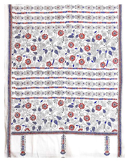 Blue and Brown Kantha Embroidery on White Cotton Stole