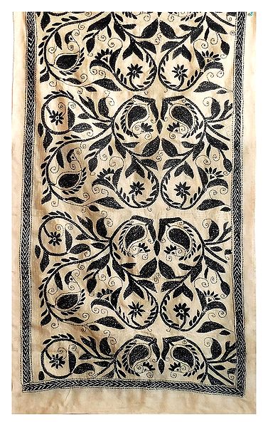 Black Kantha Embroidery on Beige Tussar Stole