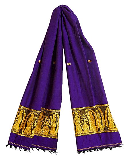 Purple Orissa Cotton Stole with Baluchari Women Figure Design Pallu