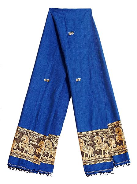 Blue Orissa Cotton Stole with Baluchari Horse Design Pallu
