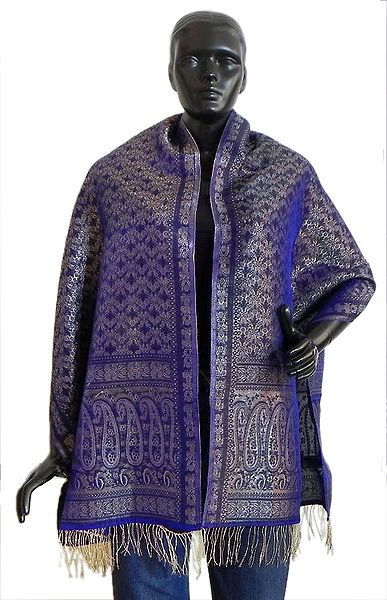 Purple Pure Silk Banarasi Brocade Stole with Silver Zari Weaved Design
