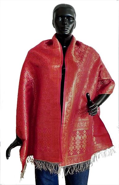 Red Pure Silk Banarasi Brocade Stole with Golden Zari Weaved Design