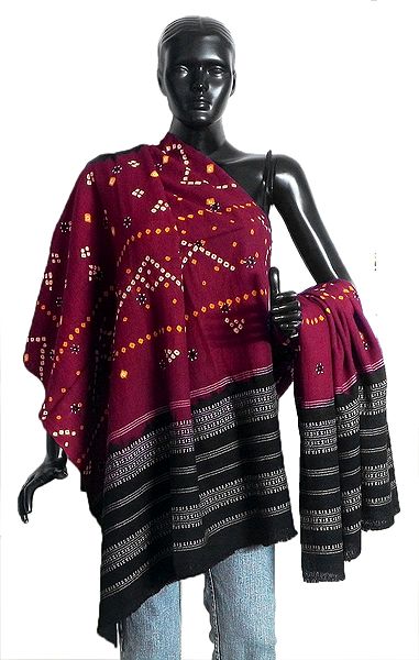 Maroon with Black Tie and Dye with Mirrorwork Ladies Kutchi Shawl from Gujarat
