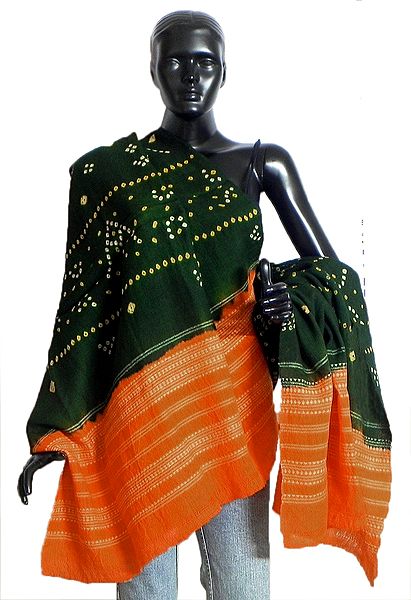 Green with Saffron Tie and Dye Ladies Kutchi Shawl from Gujarat