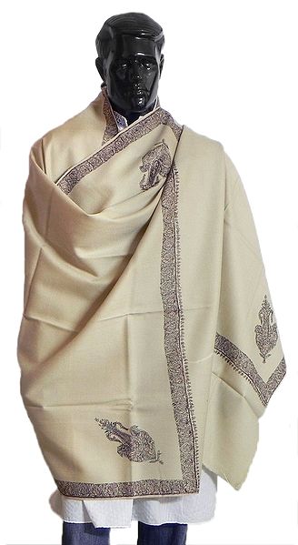 Tan Brown Woolen Kashmiri Gents Shawl with Embroidered Border