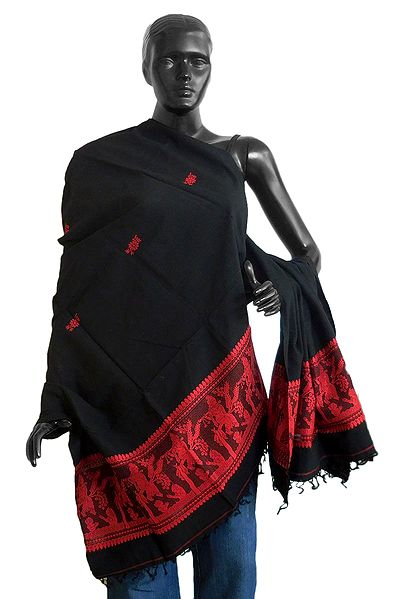 Black Orissa Cotton Stole with Red Baluchari Design Pallu