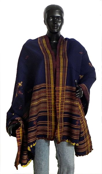 Ladies Kutchi Dark Blue Shawl with Embroidery and Mirrorwork