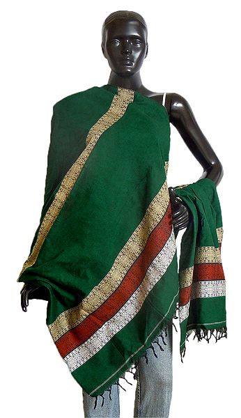 Green Bomkai Cotton Stole with Weaved Design Pallu