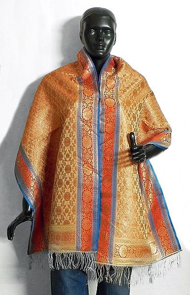 Beige Banarasi Brocade Stole with Golden Zari Flower All-Over and Red and Blue Border