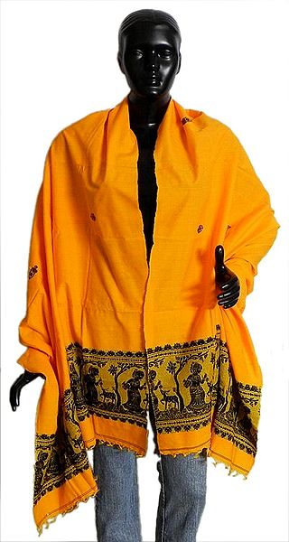 Dark Yellow Cotton Stole with Black Baluchari Design