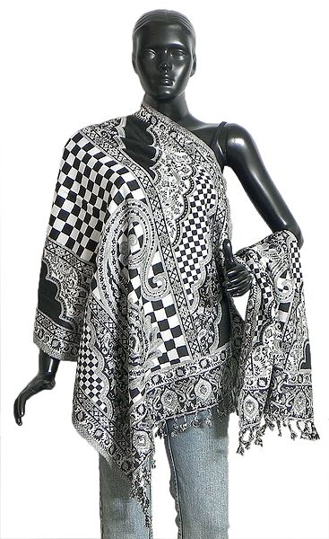 Black and White Cotton Stole with Check and Paisley Design
