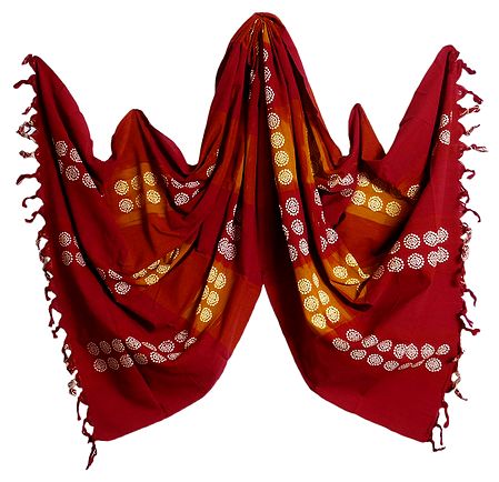 Red with Yellow Orissa Bomkai Cotton Stole with All-Over White Weaved Design
