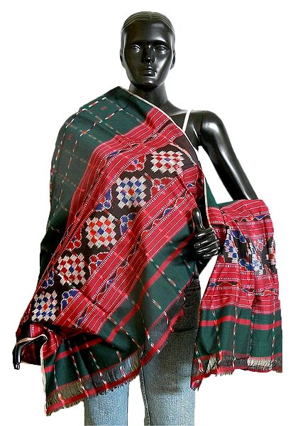 Dark Green with Maroon Silk Cotton Stole with All-Over Ikkat Design