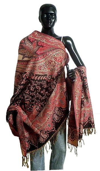 Woven Paisley Design on Black, Red and Beige Woolen Shawl