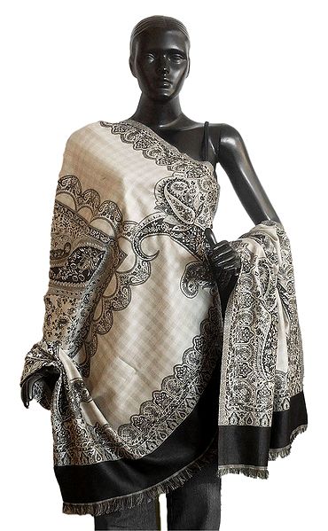 Off-White Woolen Shawl with Black Paisley Design