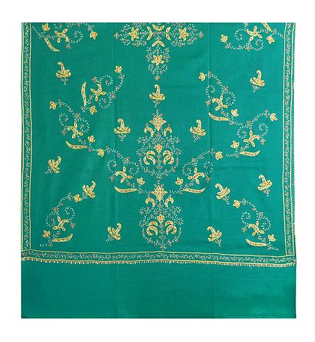 Embroidered Cyan Green Kashmiri Woolen Shawl for Ladies