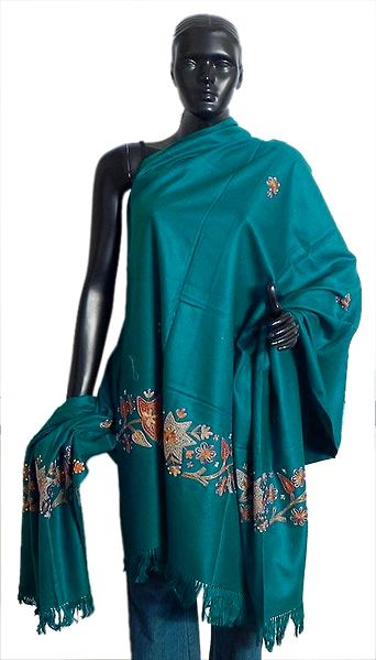 Dark Cyan Woolen Shawl with Embroidery and Sequin Work
