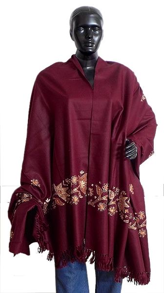 Maroon Woolen Shawl with Embroidery and Sequin Work