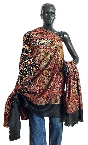 Black, Red and Beige Designer Kani Shawl with Ari Stitch Embroidery
