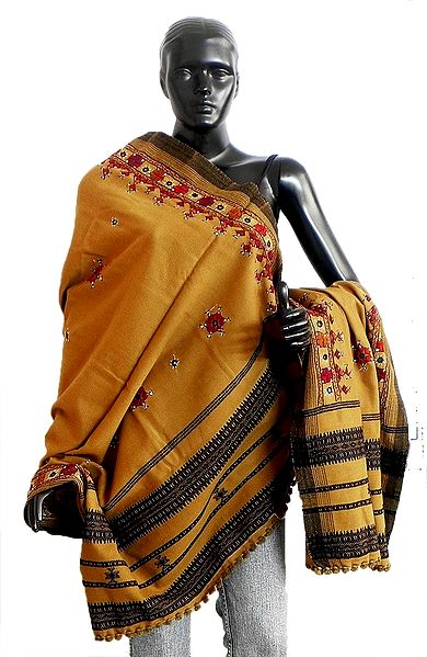 Ladies Kutchi Yellow Shawl with Embroidery and Mirrorwork