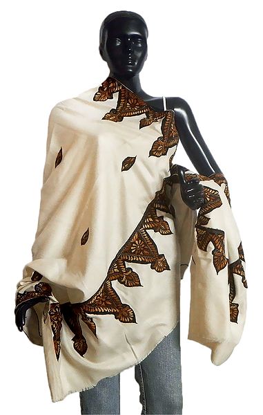 Ivory Color Woolen Shawl with Embroidered Border
