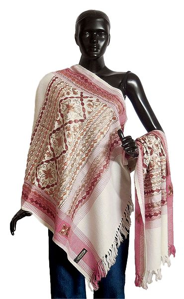 Embroidered Light Woolen White Stole