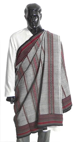 Grey Woolen Gents Kutchi Shawl with Weaved Design and Border