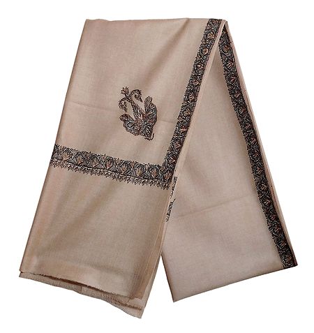 Fawn Color Mens Woolen Kashmiri Shawl with Embroidered Border