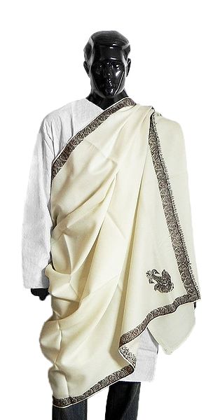 Off-White Woolen Gents Shawl with Embroidered Border