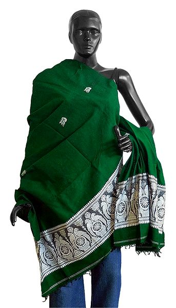 Dark Green Orissa Cotton Stole with Baluchari Design Pallu