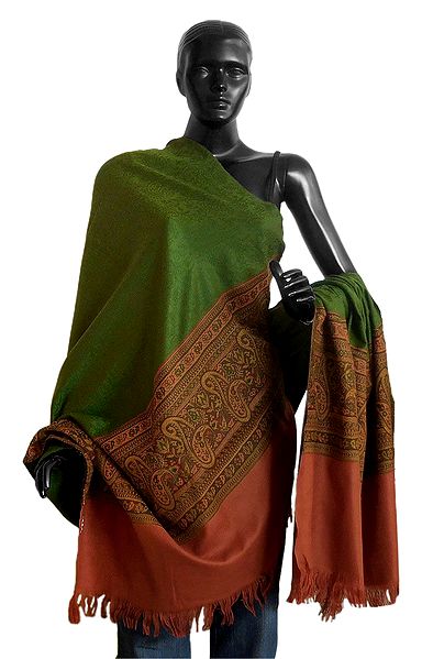 Green with Rust Brown Woolen Shawl